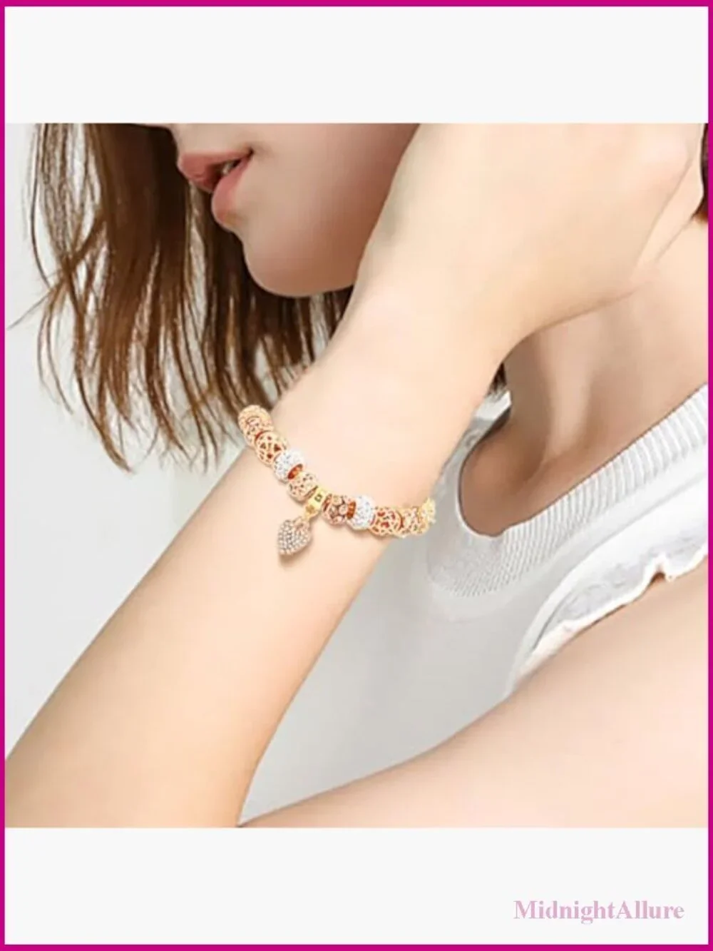 Gold Beaded Bangle Bracelet with Rhinestone Heart Charm - Adjustable